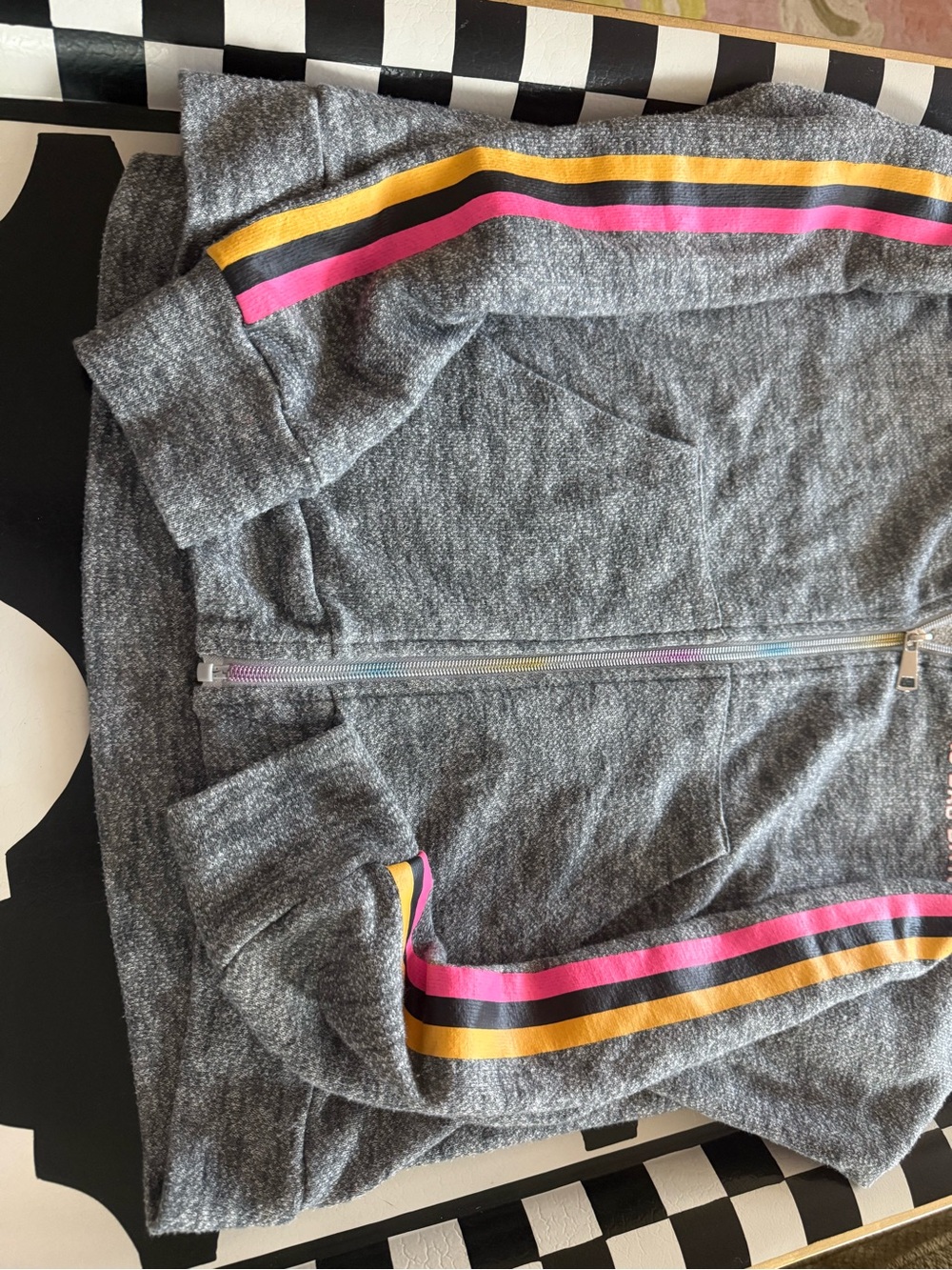 Le Superbe Women's 'No Bad Days' Gray Zip Hoodie with Pink & Yellow Stripes - Picture 7 of 11